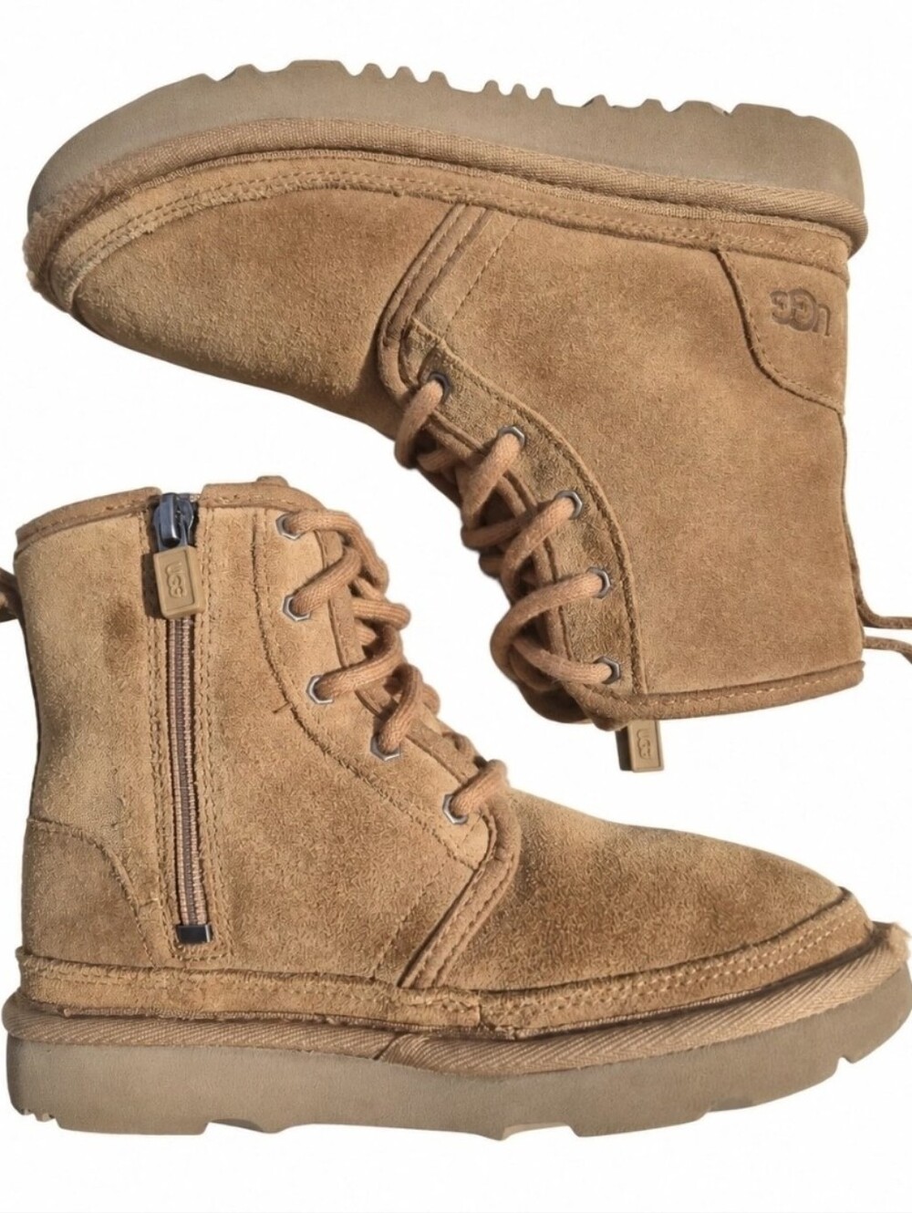 UGG Neumel High Kids Boots Size 13 Chestnut Suede Wool Lined Zip Lace Up